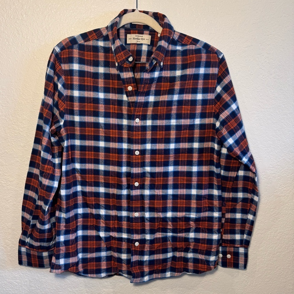 Hawker Rye Stretch Oxford Navy & Orange Plaid Slim Fit Men’s Button Down S Short